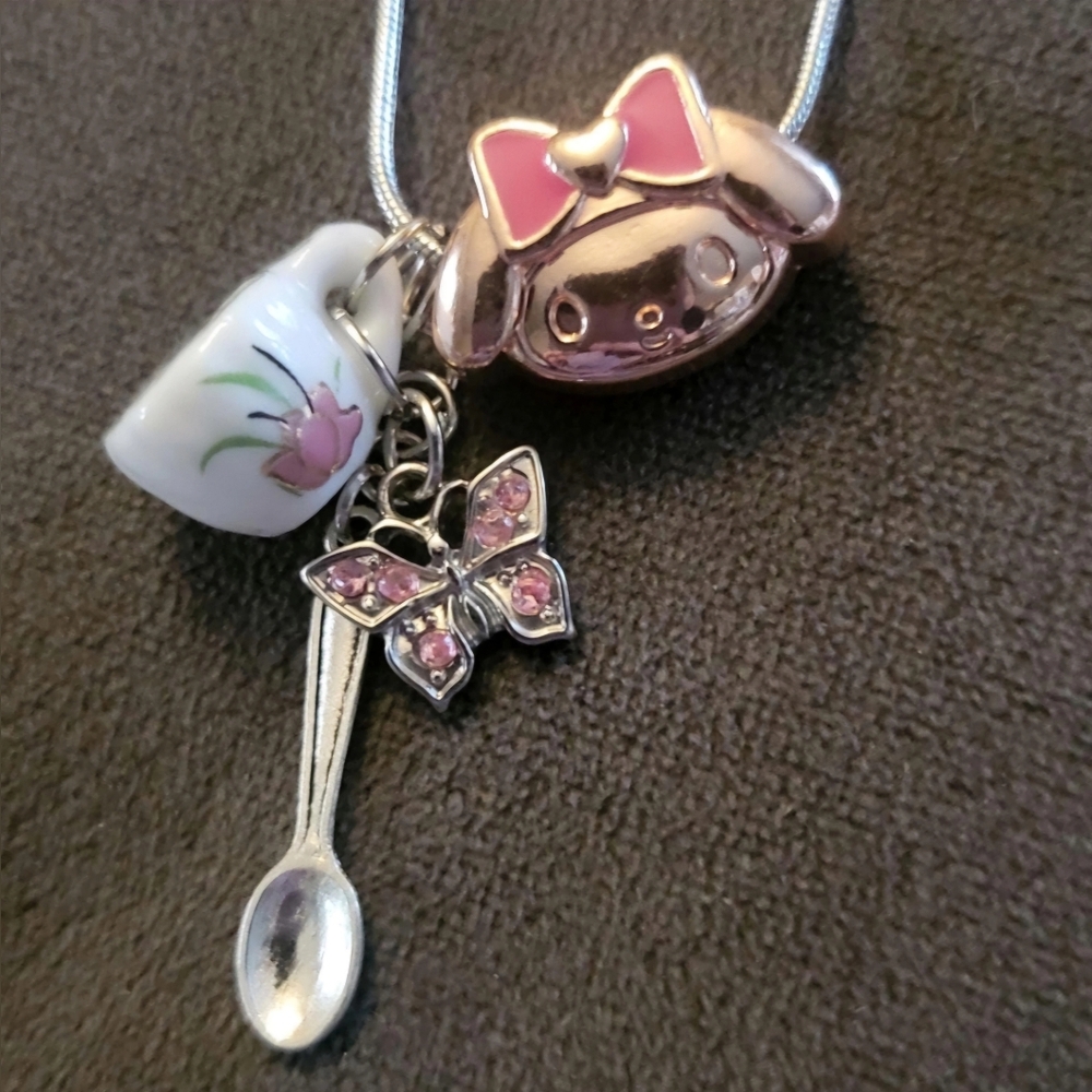 My Melody Pink Tea Party Necklace with Teacup, Butterfly, & Mini Spoon Charm